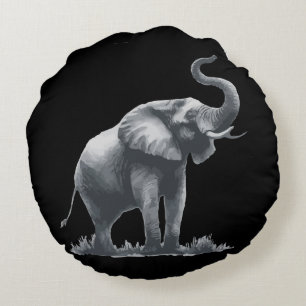 Majestic Elephant with Raised Trunk Grey Black  Round Cushion
