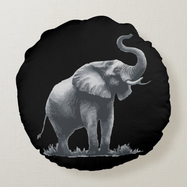 Majestic Elephant with Raised Trunk Grey Black  Round Cushion (Back)