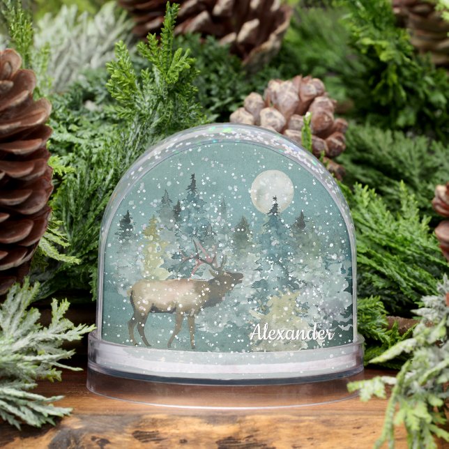 Majestic Elk Forest Full Moon Snow Watercolor Snowglobe (Winter)