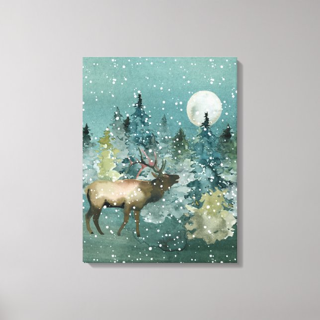 Majestic Elk Forest Full Moon Snowfall Canvas Print (Front)