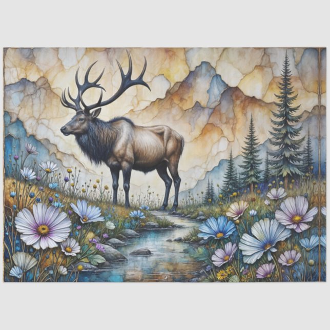 Majestic Elk in floral mountain valley Tissue Paper (Front)
