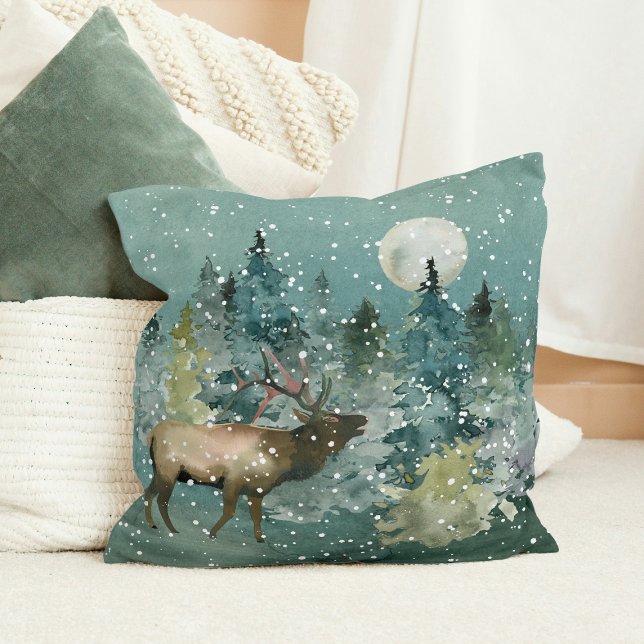 Majestic Elk in Forest Full Moon Snowfall Cushion (Majestic Elk in Forest Full Moon Snowfall Christmas Throw Pillow)