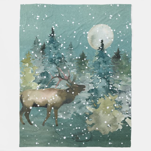 Majestic Elk in Forest Full Moon Snowfall Fleece Blanket (Front)