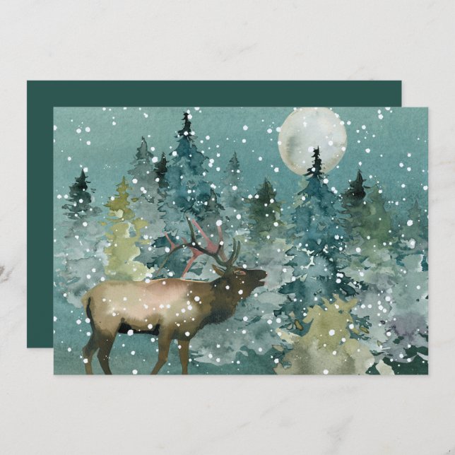 Majestic Elk in Forest Full Moon Snowfall Holiday Card (Front/Back)