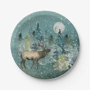 Majestic Elk in Forest Full Moon Snowfall Holiday Paper Plate