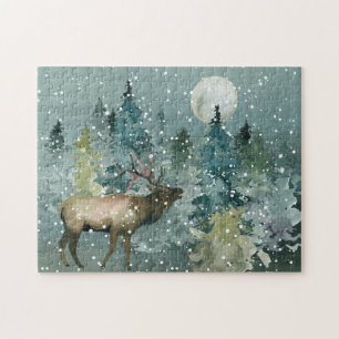 Majestic Elk in Forest Full Moon Snowfall Jigsaw Puzzle
