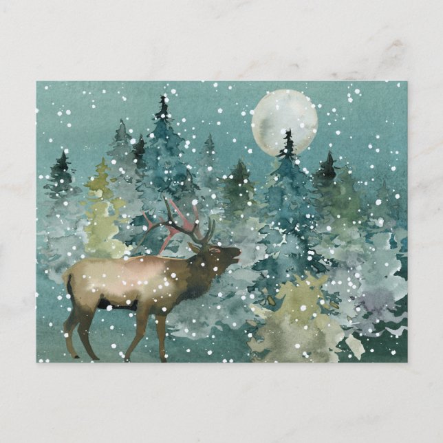 Majestic Elk in Forest Full Moon Snowfall Postcard (Front)