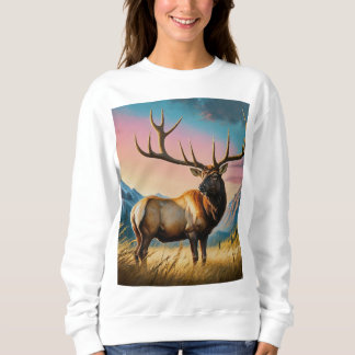 Majestic Elk in Mountain Fields - Nature-Inspired Sweatshirt