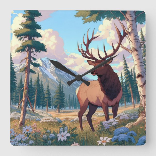 Majestic Elk in Mountain Wilderness Square Wall Clock (Front)