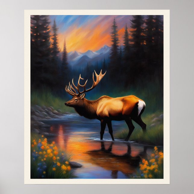 Majestic Elk In Rocky Mountains Nature Scene Poster (Front)