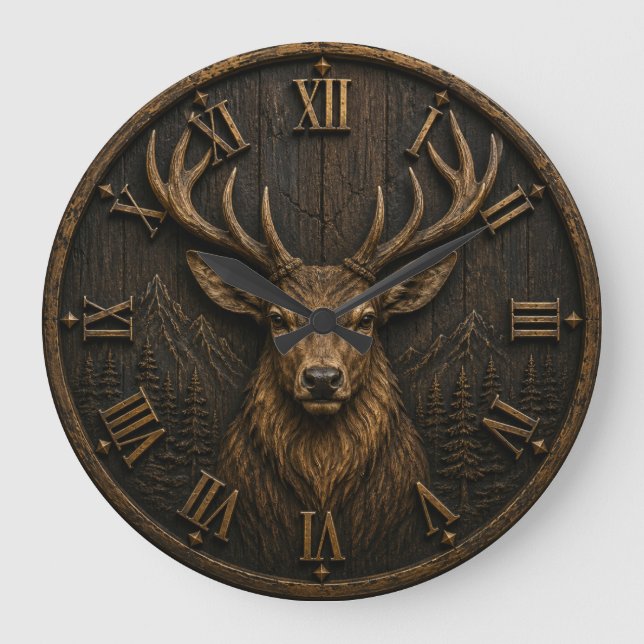 Majestic Elk Rustic Wildlife Mountain Cabin Huntin Large Clock (Front)