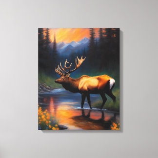 Majestic Elk Standing Mountain Steam Painting Canvas Print