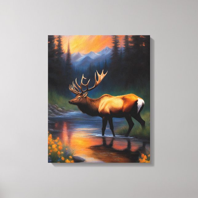 Majestic Elk Standing Mountain Steam Painting Canvas Print (Front)