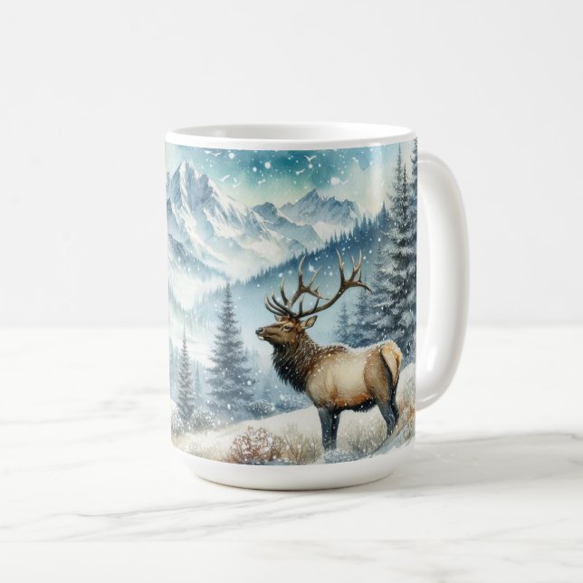 Majestic Elk Stands Amidst Snow-Covered Mountains  Coffee Mug (Front Right)