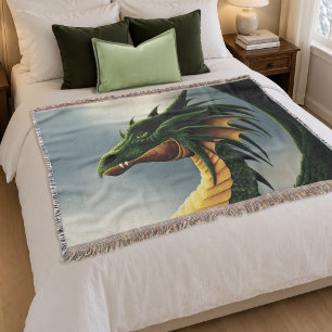 Majestic Emerald Green Dragon Fantasy Throw Blanket