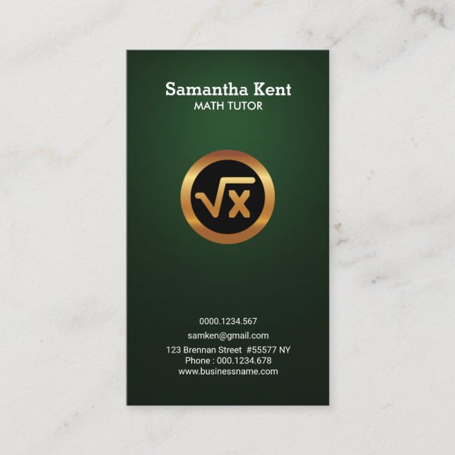 Majestic Emerald Green Gold Icon Math Symbol Tutor Business Card (Front)