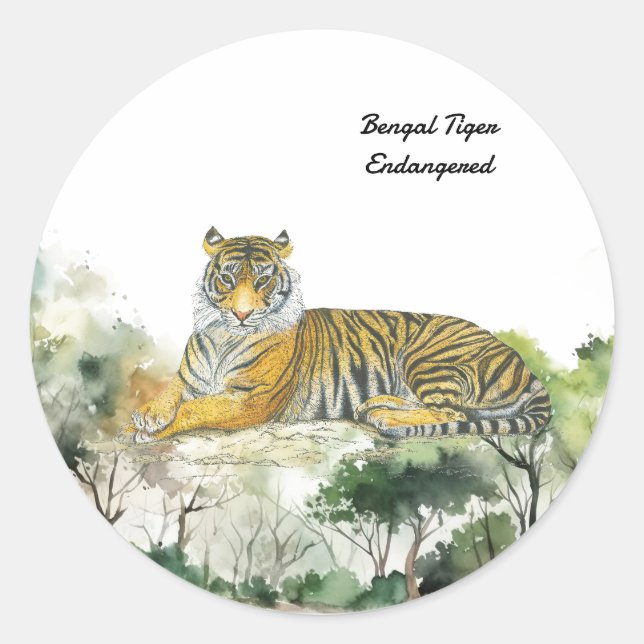 Majestic Endangered Bengal Tiger Handpainted Classic Round Sticker (Front)