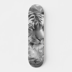 Majestic Fantasy Gray Scale Tiger Head & Florals  Skateboard