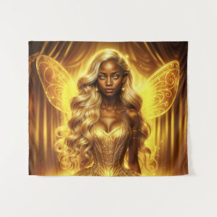 Majestic fantasy queen in a golden magical realm tapestry