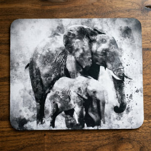 Majestic Female African Elephant with Calf B&W Mouse Mat