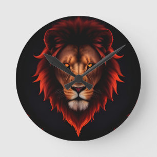 Majestic Fiery Lion Portrait With Glowing Eyes Round Clock