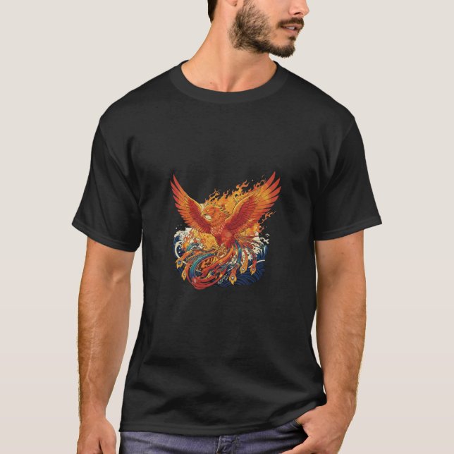 Majestic Fire Phoenix: Japanese Ukiyo-e Style Rebi T-Shirt (Front)