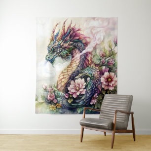 Majestic Floral Dragon Fantasy Art Tapestry
