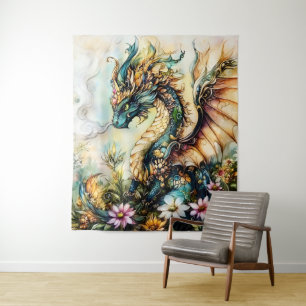 Majestic Floral Dragon Fantasy Art Tapestry