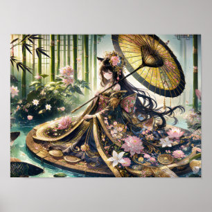 Majestic Floral Kimono Under Bamboo Canopy Poster
