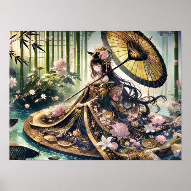 Majestic Floral Kimono Under Bamboo Canopy Poster (Front)