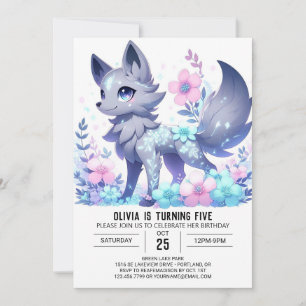Majestic Floral Wolf Digital Birthday  Invitation