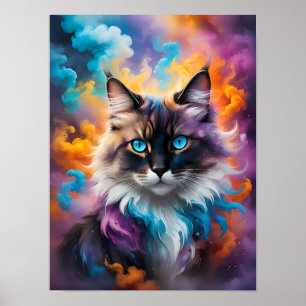 Majestic Fluffy Cat with Piercing Blue Eyes Poster