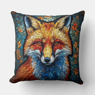 Majestic Fox Stained Glass Design Floral Motif Cushion