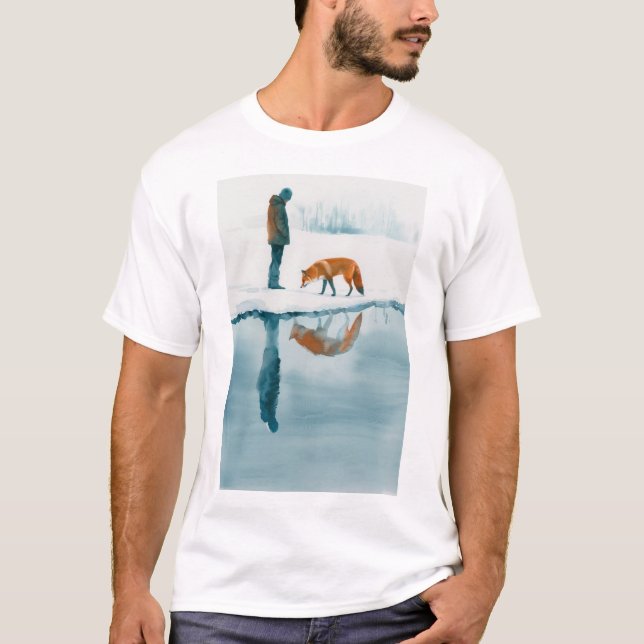 Majestic Fox Walking Beside Snow River Reflection  T-Shirt (Front)