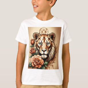Majestic Fusion: Lioness and Rose Tattoo Sketch T- T-Shirt
