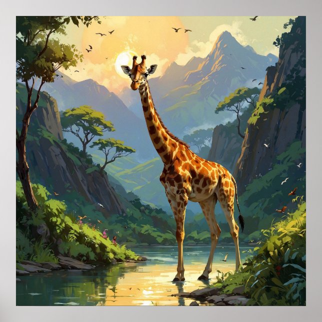 Majestic Giraffe in Nature Wildlife Painting Poster (Front)