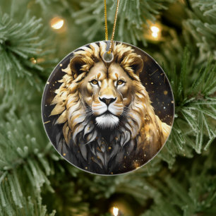 Majestic Gold And Grey Male Lion, Ceramic Tree Decoration