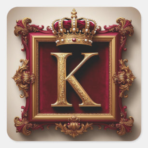 Majestic Gold Monogram With Crown On Regal Velvet Square Sticker