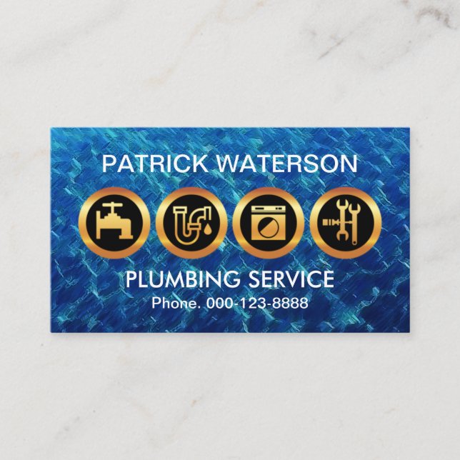Majestic Gold Plumber Icons Flooded Blue Waters Business Card (Front)