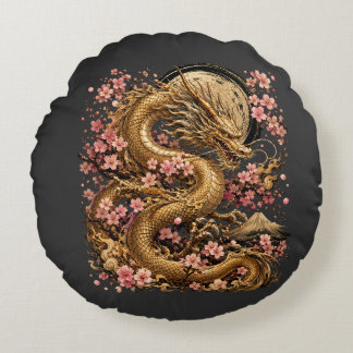 Majestic Golden Dragon Round Pillow with Sakura Bl