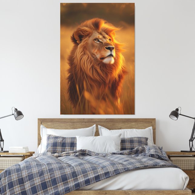 Majestic Golden Lion at Sunset – Canvas Wall Art (Insitu(Bedroom))