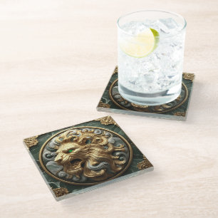 Majestic Golden Lion Emblem Design Glass Coaster