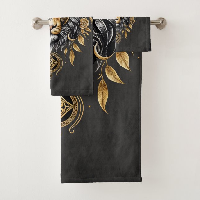 Majestic golden lion head with black mane. bath towel set (Insitu)