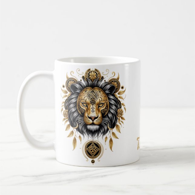 Majestic golden lion head with black mane. coffee mug (Left)