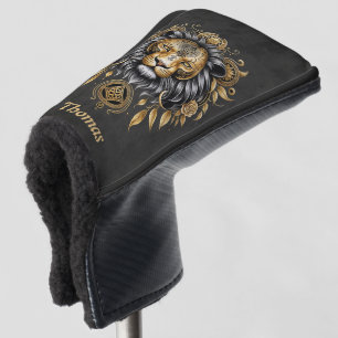 Majestic golden lion head with black mane. golf head cover