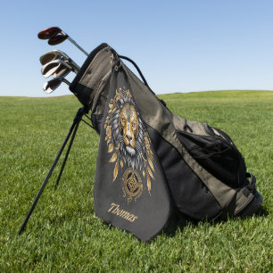 Majestic golden lion head with black mane. golf towel