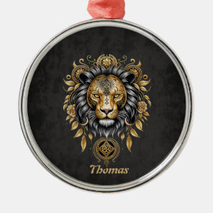 Majestic golden lion head with black mane. metal tree decoration