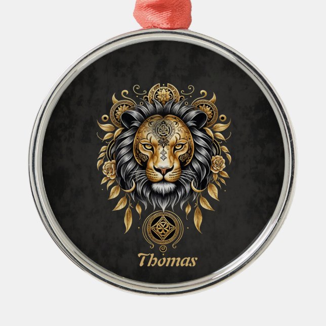 Majestic golden lion head with black mane. metal tree decoration (Front)