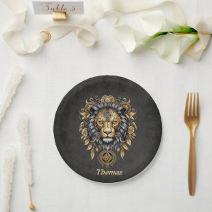 Majestic golden lion head with black mane. paper plate