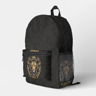 Majestic golden lion head with black mane. printed backpack